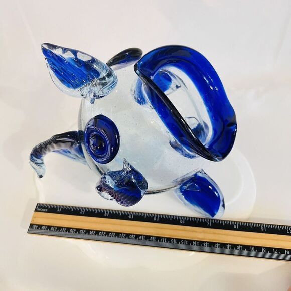 Blue Clear Hand Blown Art Glass Open Mouth Fish Vase Bowl Center Piece BEAUTIFUL - Picture 9 of 10